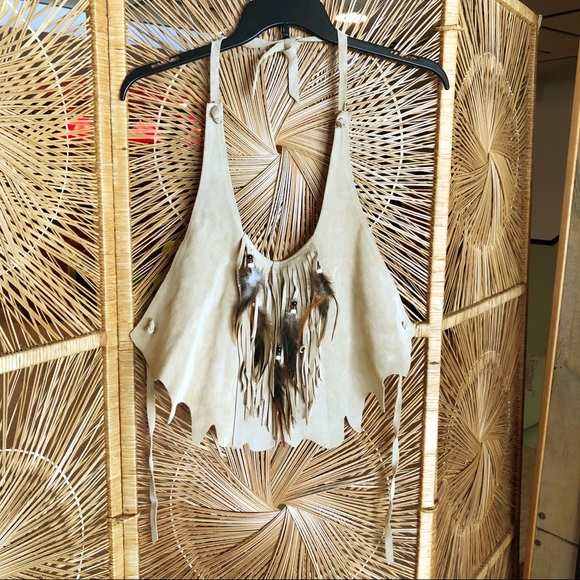 HB Tops - Vintage HB Genuine Leather Fringe Halter Top